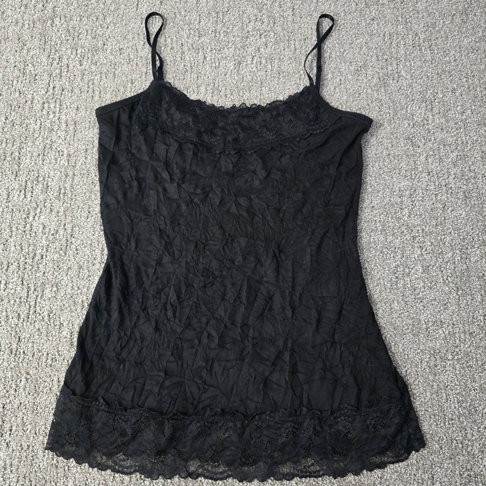 Maurices Black Lace Trim‎ Crinkle Cami Tank Top Size Small Y2K Coquette Boho